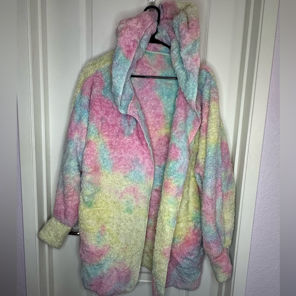 Large bright Rainbow multicolor plush open front drape hooded sweater